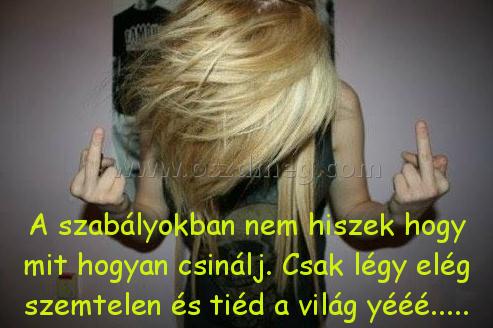 A szabályokban nem hiszek A szabályokban nem hiszek
A szabályokban nem hiszek hogy mit hogyan csinálj. Csak légy elég szemtelen és tiéd a világ yééé.....