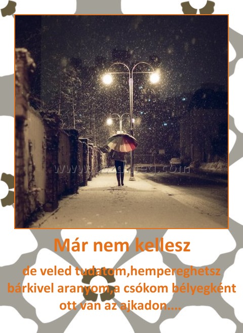 Már nem kellesz Már nem kellesz
de veled tudatom,hempereghetsz bárkivel aranyom,a csókom bélyegként ott van az ajkadon....