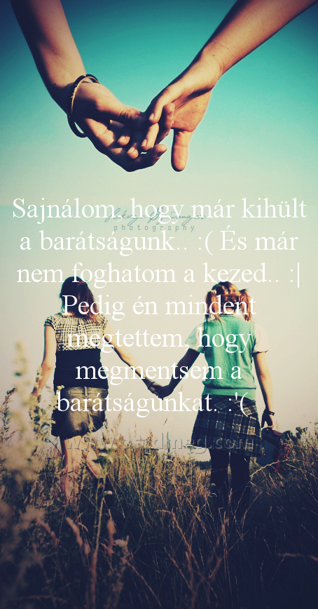 Sajnálom Sajnálom
Sajnálom, hogy már kihült a barátságunk.. :( És már nem foghatom a kezed.. :| Pedig én mindent megtettem, hogy megmentsem a barátságunkat. :'(