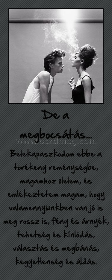 De a megbocsátás...
 
Belekapaszkodom ebbe a törékeny reménységbe, magamhoz ölelem, és emlékeztetem magam, hogy valamennyiünkben van jó is meg rossz is, fény és árnyék, tehetség és kínlódás, választás és megbánás, kegyetlenség és áldás.