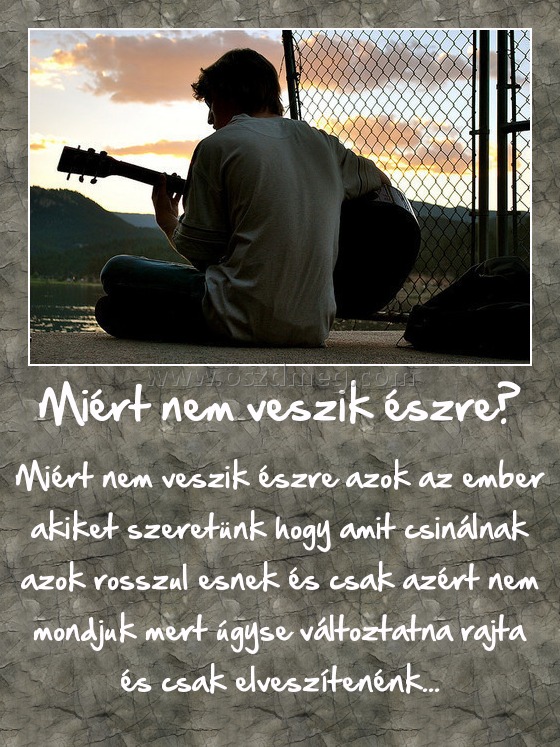 Miért nem veszik észre? Miért nem veszik észre?
Miért nem veszik észre azok az ember akiket szeretünk hogy amit csinálnak azok rosszul esnek és csak azért nem mondjuk mert úgyse változtatna rajta és csak elveszítenénk...
