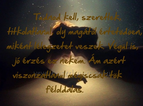 Tudnod kell
 
Tudnod kell, szeretlek, titkolatlanul, oly magától értetödöen, miként lélegzetet veszek. Végül is, jó érzés ez nekem. Ám azért viszonzatlanul mégiscsak tök féloldalas.