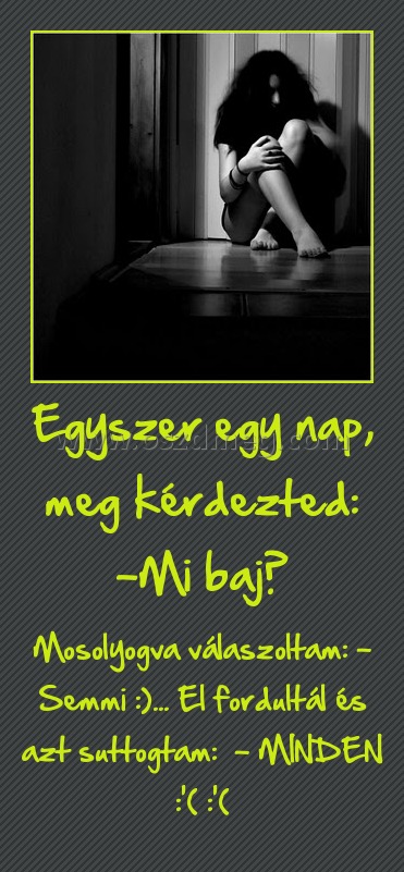Egyszer egy nap, meg kérdezted: -Mi baj?
 
Mosolyogva válaszoltam: - Semmi :)... El fordultál és azt suttogtam:  - MINDEN :'( :'(