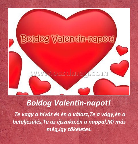 Boldog Valentin-napot! Boldog Valentin-napot!
Te vagy a hívás és én a válasz,Te a vágy,én a beteljesülés,Te az éjszaka,én a nappal,Mi más még,így tökéletes.