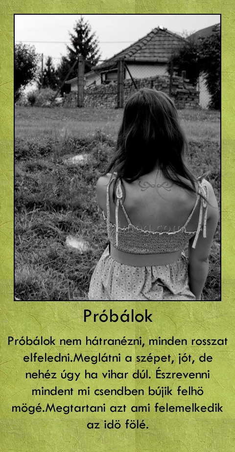 Próbálok
 
Próbálok nem hátranézni, minden rosszat elfeledni.Meglátni a szépet, jót, de nehéz úgy ha vihar dúl. Észrevenni mindent mi csendben bújik felhö mögé.Megtartani azt ami felemelkedik az idö fölé.