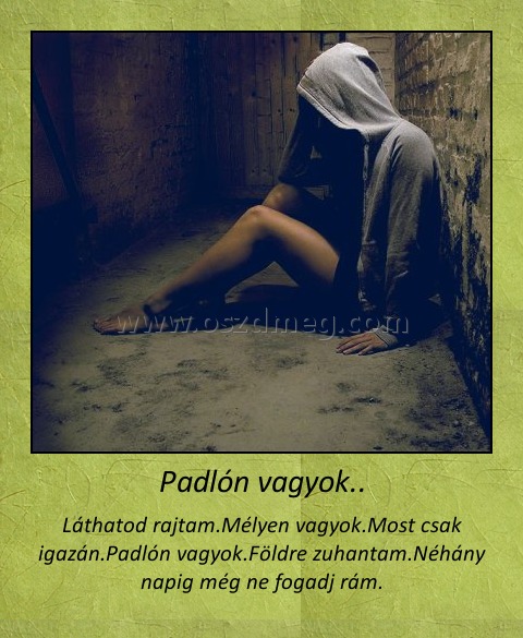 Padlón vagyok.. Padlón vagyok..
Láthatod rajtam.Mélyen vagyok.Most csak igazán.Padlón vagyok.Földre zuhantam.Néhány napig még ne fogadj rám.