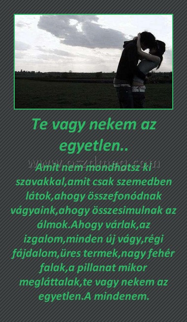 Te vagy nekem az egyetlen.. Te vagy nekem az egyetlen..
Amit nem mondhatsz ki szavakkal,amit csak szemedben látok,ahogy összefonódnak vágyaink,ahogy összesimulnak az álmok.Ahogy várlak,az izgalom,minden új vágy,régi fájdalom,üres termek,nagy fehér falak,a pillanat mikor megláttalak,te vagy nekem az egyetlen.A mindenem.