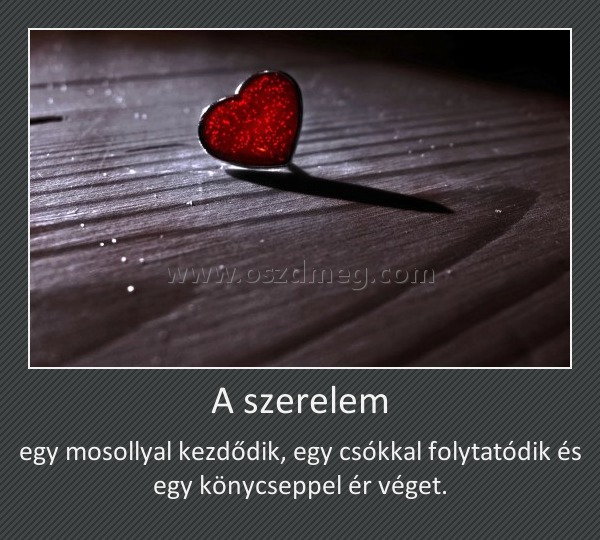 A szerelem
 
egy mosollyal kezdődik, egy csókkal folytatódik és egy könycseppel ér véget.