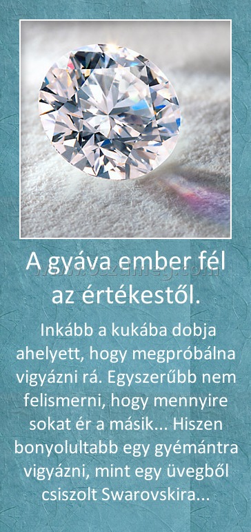 A gyáva ember fél az értékestől. A gyáva ember fél az értékestől.
Inkább a kukába dobja ahelyett, hogy megpróbálna vigyázni rá. Egyszerűbb nem felismerni, hogy mennyire sokat ér a másik... Hiszen bonyolultabb egy gyémántra vigyázni, mint egy üvegből csiszolt Swarovskira...