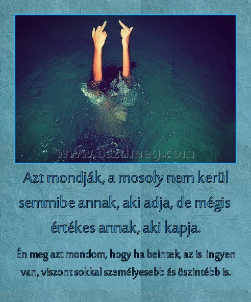 Azt mondják, a mosoly nem kerül semmibe annak, aki adja, de mégis értékes annak, aki kapja. Azt mondják, a mosoly nem kerül semmibe annak, aki adja, de mégis értékes annak, aki kapja.
Én meg azt mondom, hogy ha beintek, az is ingyen van, viszont sokkal személyesebb és öszintébb is.