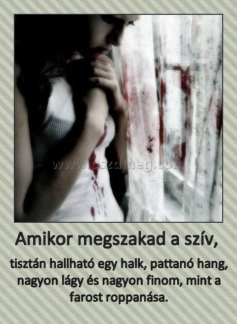 Amikor megszakad a szív, 
 
tisztán hallható egy halk, pattanó hang, nagyon lágy és nagyon finom, mint a farost roppanása.