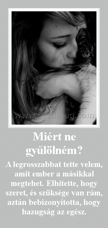 Miért ne gyűlölném? Miért ne gyűlölném?
A legrosszabbat tette velem, amit ember a másikkal megtehet. Elhitette, hogy szeret, és szüksége van rám, aztán bebizonyította, hogy hazugság az egész.