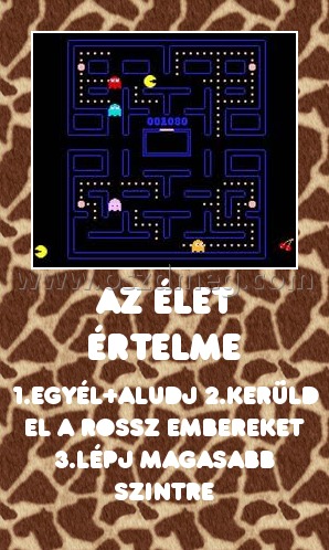 Az élet értelme
 
1.Egyél+aludj 2.Kerüld el a rossz embereket 3.Lépj magasabb szintre