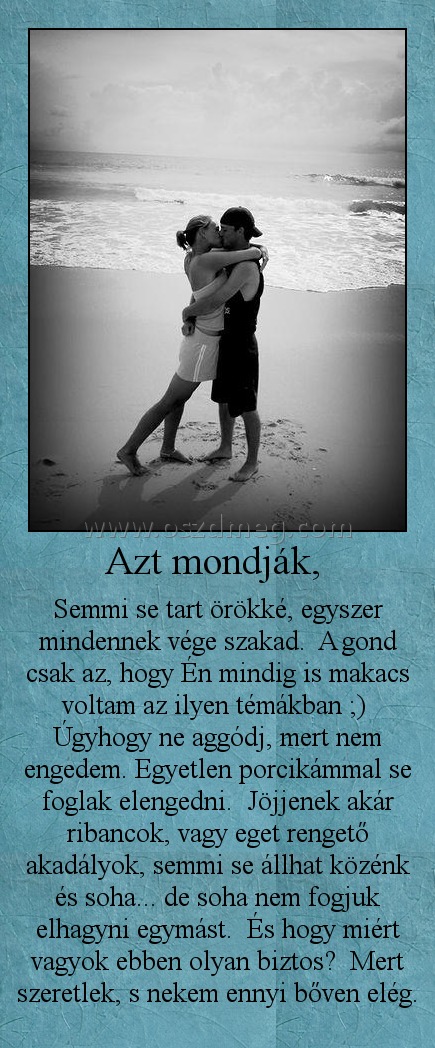 Azt mondják, 
 
Semmi se tart örökké, egyszer mindennek vége szakad.  A gond csak az, hogy Én mindig is makacs voltam az ilyen témákban ;)  Úgyhogy ne aggódj, mert nem engedem. Egyetlen porcikámmal se foglak elengedni.  Jöjjenek akár ribancok, vagy eget rengető akadályok, semmi se állhat közénk és soha... de soha nem fogjuk elhagyni egymást.  És hogy miért vagyok ebben olyan biztos?  Mert szeretlek, s nekem ennyi bőven elég.