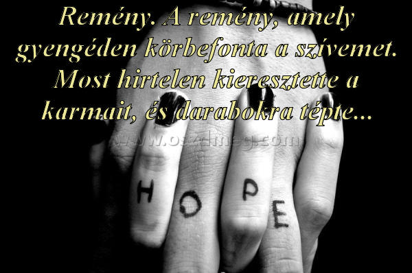 Remény. A remény
 
Remény. A remény, amely gyengéden körbefonta a szívemet. Most hirtelen kieresztette a karmait, és darabokra tépte...