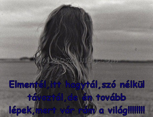 Elmentél Elmentél
Elmentél,itt hagytál,szó nélkül távoztál,de én tovább lépek,mert vár rám a világ!!!!!!!!