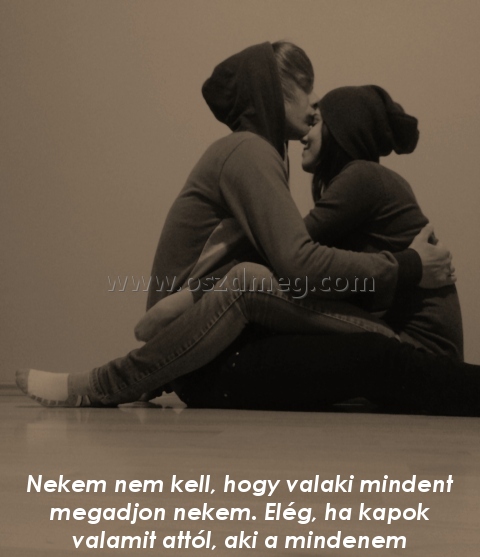 Nekem nem kell
 
Nekem nem kell, hogy valaki mindent megadjon nekem. Elég, ha kapok valamit attól, aki a mindenem