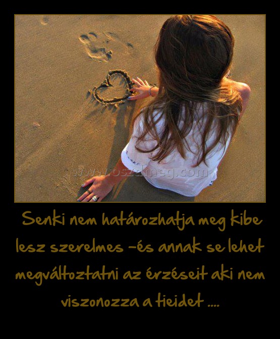  Senki nem határozhatja meg kibe lesz szerelmes -és annak se lehet megváltoztatni az érzéseit aki nem viszonozza a tieidet ....
 
