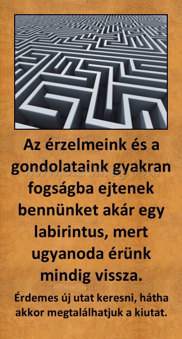 Az érzelmeink és a gondolataink gyakran fogságba ejtenek bennünket akár egy labirintus, mert ugyanoda érünk mindig vissza.
 
Érdemes új utat keresni, hátha akkor megtalálhatjuk a kiutat.