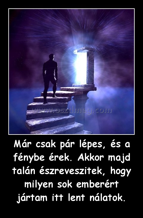 Már csak pár lépes, és a fénybe érek. Akkor majd talán észreveszitek, hogy milyen sok emberért jártam itt lent nálatok.
 
