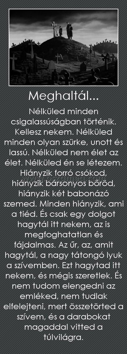 Meghaltál...
 
Nélküled minden csigalassúságban történik. Kellesz nekem. Nélküled minden olyan szürke, unott és lassú. Nélküled nem élet az élet. Nélküled én se létezem. Hiányzik forró csókod, hiányzik bársonyos bőröd, hiányzik két babonázó szemed. Minden hiányzik, ami a tiéd. És csak egy dolgot hagytál itt nekem, az is megfoghatatlan és fájdalmas. Az űr, az, amit hagytál, a nagy tátongó lyuk a szívemben. Ezt hagytad itt nekem, és mégis szeretlek. És nem tudom elengedni az emléked, nem tudlak elfelejteni, mert összetörted a szívem, és a darabokat magaddal vitted a túlvilágra.