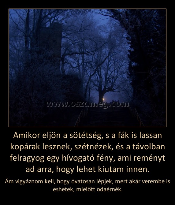 Amikor eljön a sötétség, s a fák is lassan kopárak lesznek, szétnézek, és a távolban felragyog egy hívogató fény, ami reményt ad arra, hogy lehet kiutam innen.
 
Ám vigyáznom kell, hogy óvatosan lépjek, mert akár verembe is eshetek, mielőtt odaérnék.