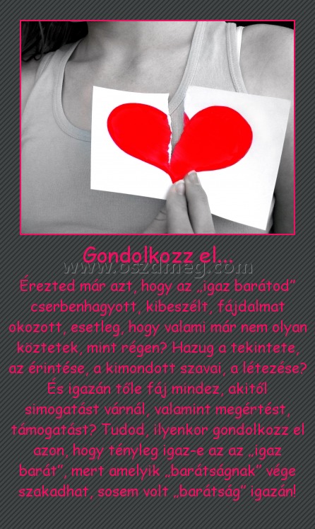 Gondolkozz el...
 
Érezted már azt, hogy az „igaz barátod” cserbenhagyott, kibeszélt, fájdalmat okozott, esetleg, hogy valami már nem olyan köztetek, mint régen? Hazug a tekintete, az érintése, a kimondott szavai, a létezése? És igazán tőle fáj mindez, akitől simogatást várnál, valamint megértést, támogatást? Tudod, ilyenkor gondolkozz el azon, hogy tényleg igaz-e az az „igaz barát”, mert amelyik „barátságnak” vége szakadhat, sosem volt „barátság” igazán!