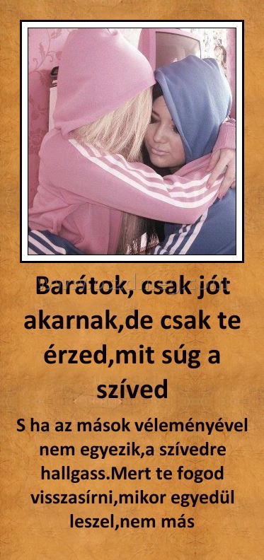 Barátok, csak jót akarnak,de csak te érzed,mit súg a szíved
 
S ha az mások véleményével nem egyezik,a szívedre hallgass.Mert te fogod visszasírni,mikor egyedül leszel,nem más