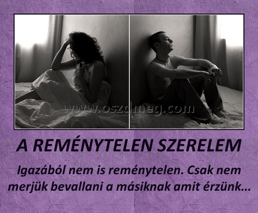 A REMÉNYTELEN SZERELEM
 
Igazából nem is reménytelen. Csak nem merjük bevallani a másiknak amit érzünk...