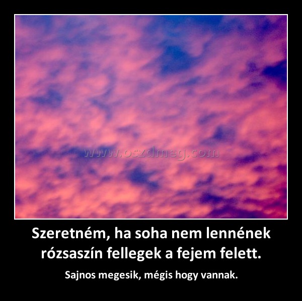 Szeretném, ha soha nem lennének rózsaszín fellegek a fejem felett.
 
Sajnos megesik, mégis hogy vannak.