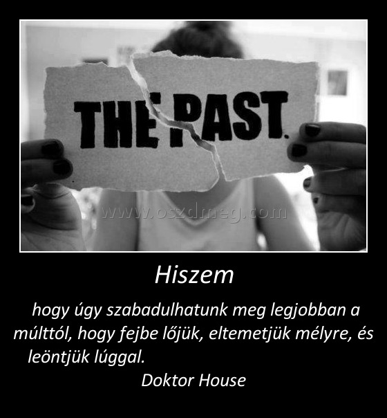 Hiszem
 
 hogy úgy szabadulhatunk meg legjobban a múlttól, hogy fejbe lőjük, eltemetjük mélyre, és leöntjük lúggal.                                                     Doktor House