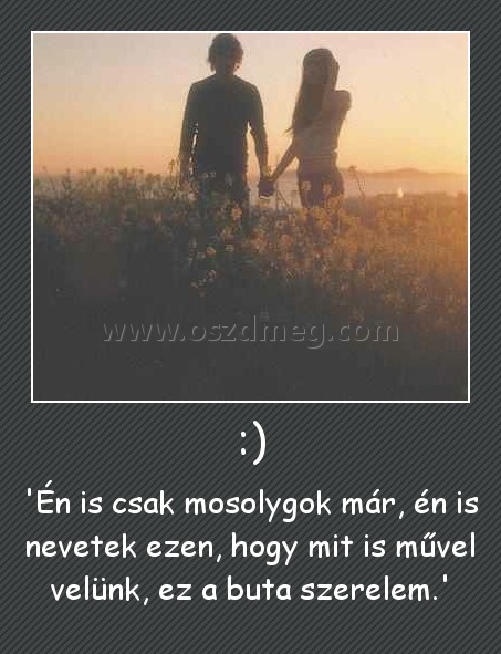 :)
 
'Én is csak mosolygok már, én is nevetek ezen, hogy mit is művel velünk, ez a buta szerelem.'