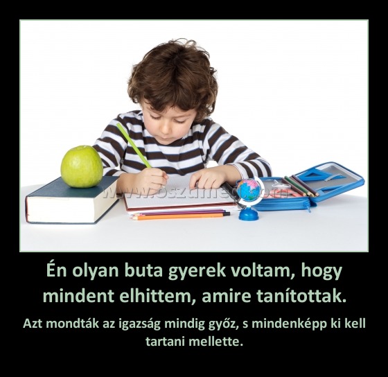 Én olyan buta gyerek voltam, hogy mindent elhittem, amire tanítottak.
 
Azt mondták az igazság mindig győz, s mindenképp ki kell tartani mellette.