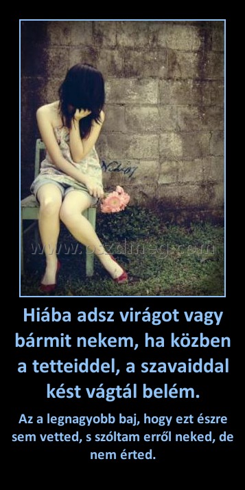 Hiába adsz virágot vagy bármit nekem, ha közben a tetteiddel, a szavaiddal kést vágtál belém.
 
Az a legnagyobb baj, hogy ezt észre sem vetted, s szóltam erről neked, de nem érted.