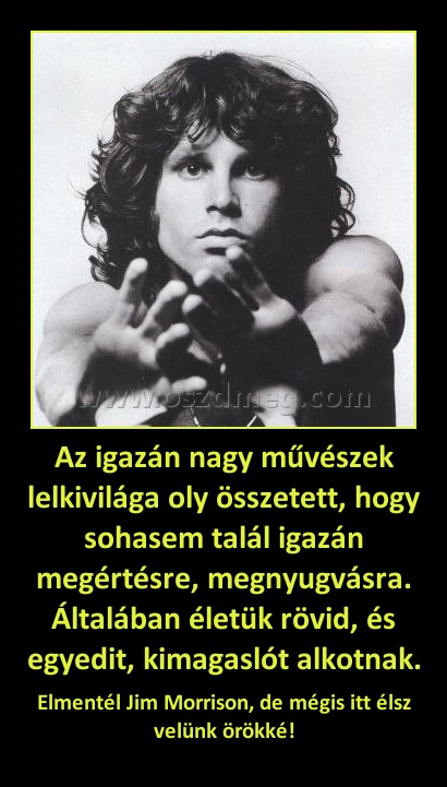 Az igazán nagy művészek lelkivilága oly összetett, hogy sohasem talál igazán megértésre, megnyugvásra. Általában életük rövid, és egyedit, kimagaslót alkotnak. Az igazán nagy művészek lelkivilága oly összetett, hogy sohasem talál igazán megértésre, megnyugvásra. Általában életük rövid, és egyedit, kimagaslót alkotnak.
Elmentél Jim Morrison, de mégis itt élsz velünk örökké!