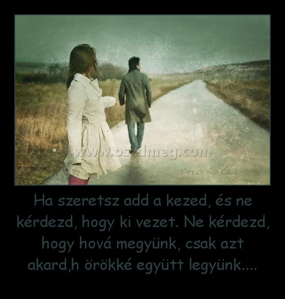 Ha szeretsz add a kezed, és ne kérdezd, hogy ki vezet. Ne kérdezd, hogy hová megyünk, csak azt akard,h örökké együtt legyünk....
 

