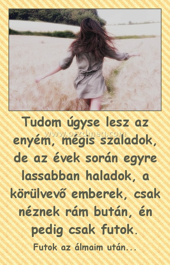Tudom úgyse lesz az enyém, mégis szaladok, de az évek során egyre lassabban haladok, a körülvevő emberek, csak néznek rám bután, én pedig csak futok.
 
Futok az álmaim után...