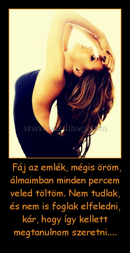 Fáj az emlék, mégis öröm, álmaimban minden percem veled töltöm. Nem tudlak, és nem is foglak elfeledni, kár, hogy így kellett megtanulnom szeretni.... Fáj az emlék, mégis öröm, álmaimban minden percem veled töltöm. Nem tudlak, és nem is foglak elfeledni, kár, hogy így kellett megtanulnom szeretni....