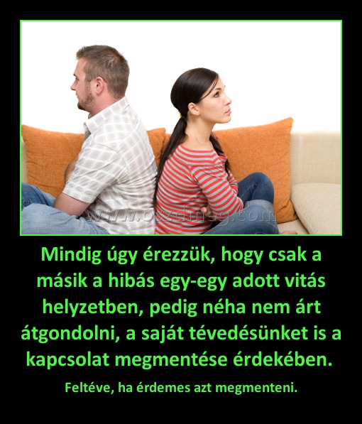 Mindig úgy érezzük, hogy csak a másik a hibás egy-egy adott vitás helyzetben, pedig néha nem árt átgondolni, a saját tévedésünket is a kapcsolat megmentése érdekében. 
 
Feltéve, ha érdemes azt megmenteni.