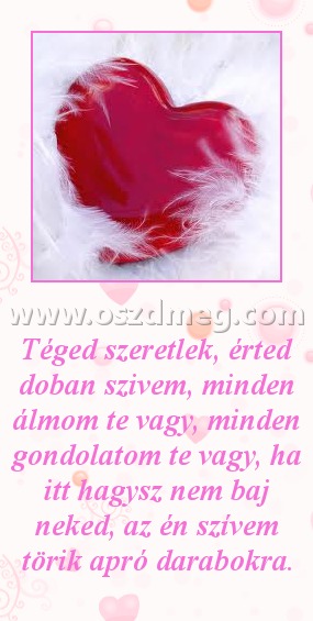 
 
Téged szeretlek, érted doban szivem, minden álmom te vagy, minden gondolatom te vagy, ha itt hagysz nem baj neked, az én szívem törik apró darabokra.