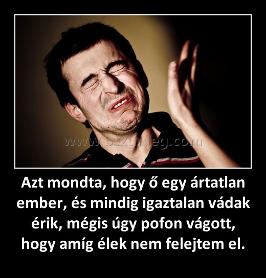 Azt mondta, hogy ő egy ártatlan ember, és mindig igaztalan vádak érik, mégis úgy pofon vágott, hogy amíg élek nem felejtem el.
 
