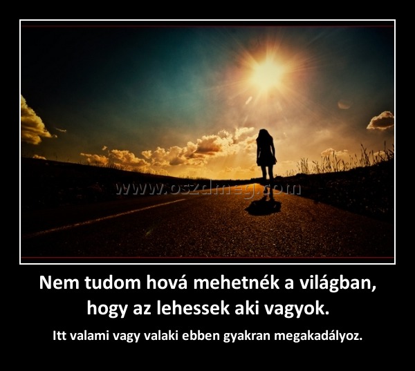 Nem tudom hová mehetnék a világban, hogy az lehessek aki vagyok.
 
Itt valami vagy valaki ebben gyakran megakadályoz.