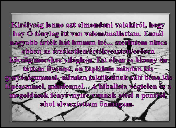 Királyság lenne azt elmondani
 
Királyság lenne azt elmondani valakiről, hogy hey Ő tényleg itt van velem/mellettem. Ennél nagyobb érték hát hmmm izé... szerintem nincs ebben az érzéketlen/értékvesztett/erősen köcsög/mocskos világban. Ezt élem és bizony én tettem ilyenné, én táplálom minden kis genyóságommal, minden taktikainak vélt béna kis lépésemmel, mindennel... A hibalista végtelen és a megoldások fényévnyire vannak attól a ponttól, ahol elvesztettem önmagam. 