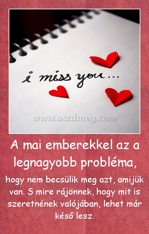 A mai emberekkel az a legnagyobb probléma, A mai emberekkel az a legnagyobb probléma,
hogy nem becsülik meg azt, amijük van. S mire rájönnek, hogy mit is szeretnének valójában, lehet már késő lesz.