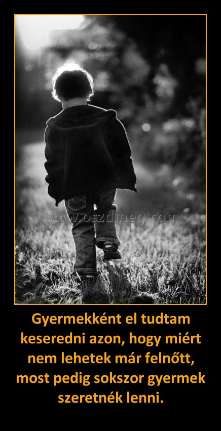Gyermekként el tudtam keseredni azon, hogy miért nem lehetek már felnőtt, most pedig sokszor gyermek szeretnék lenni.
 
