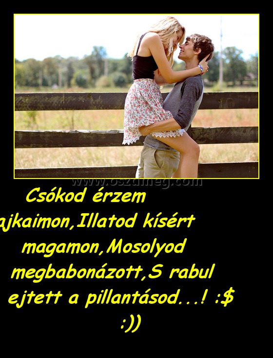 Csókod érzem ajkaimon,Illatod kísért magamon,Mosolyod megbabonázott,S rabul ejtett a pillantásod...! :$ :))
 
