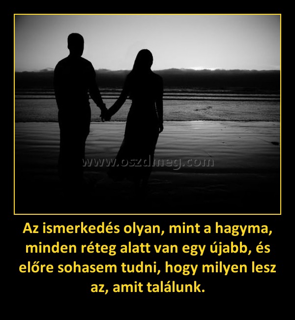 Az ismerkedés olyan, mint a hagyma, minden réteg alatt van egy újabb, és előre sohasem tudni, hogy milyen lesz az, amit találunk. Az ismerkedés olyan, mint a hagyma, minden réteg alatt van egy újabb, és előre sohasem tudni, hogy milyen lesz az, amit találunk.