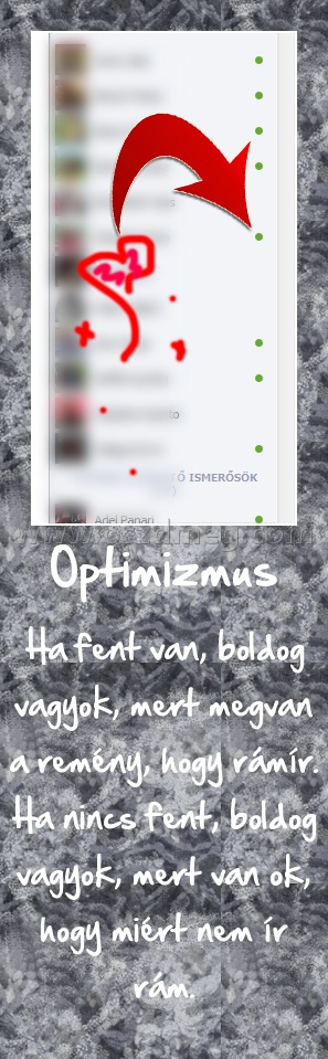 Optimizmus
 
Ha fent van, boldog vagyok, mert megvan a remény, hogy rámír. Ha nincs fent, boldog vagyok, mert van ok, hogy miért nem ír rám.