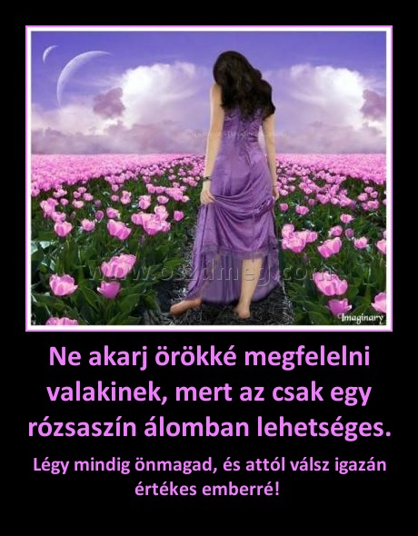 Ne akarj örökké megfelelni valakinek, mert az csak egy rózsaszín álomban lehetséges.
 
Légy mindig önmagad, és attól válsz igazán értékes emberré! 