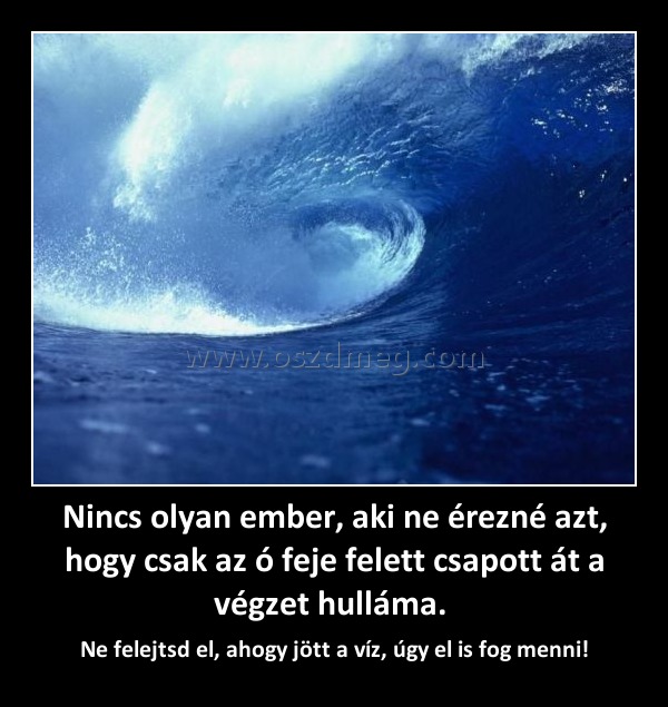 Nincs olyan ember, aki ne érezné azt, hogy csak az ó feje felett csapott át a végzet hulláma. 
 
Ne felejtsd el, ahogy jött a víz, úgy el is fog menni!